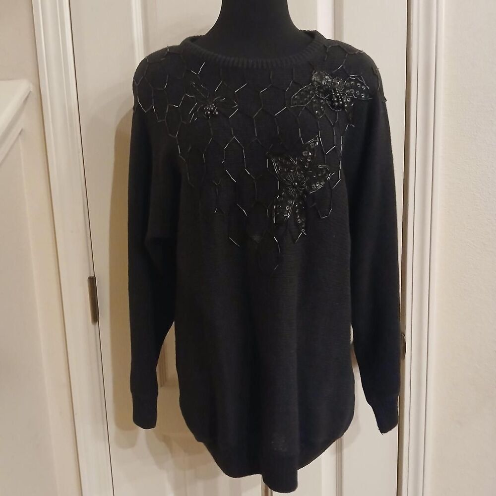 Dana Scott Black Vintage 90s Sequins Beaded Flowers Sweater L Retro Grandmacore